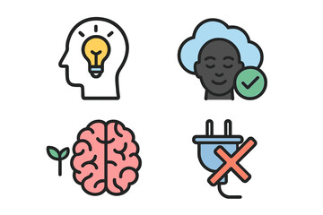 Mindfulness and innovation icons: brain, lightbulb, female african face, unplugged symbol
