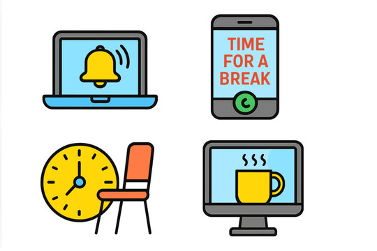 Break reminder icons: laptop, smartphone, clock, chair, coffee on screen