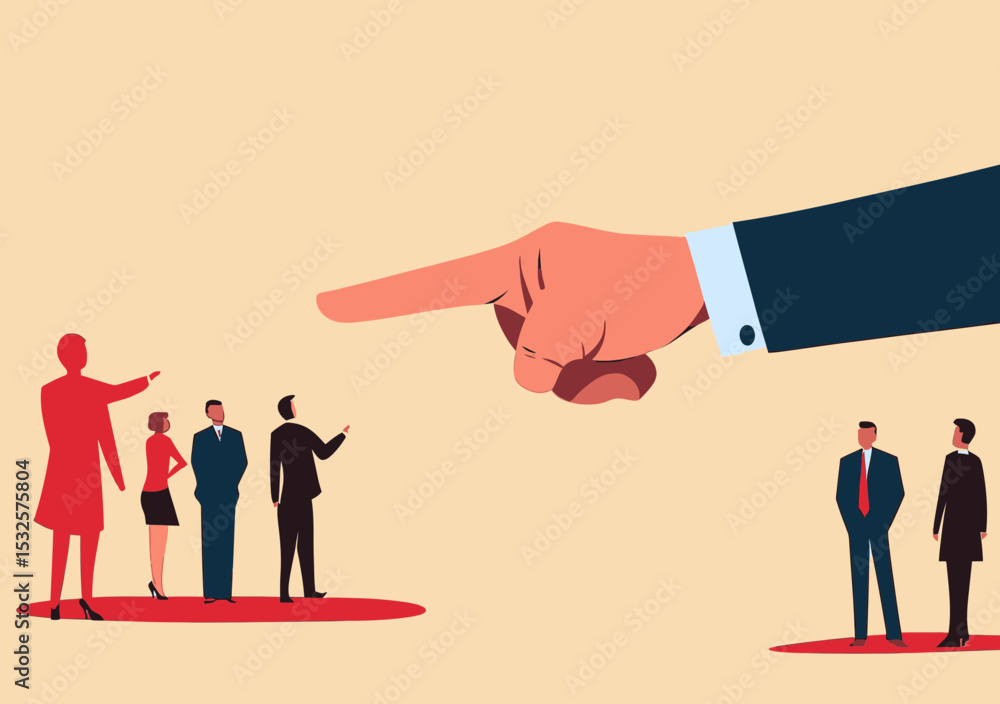 Poster large hand pointing at chosen man representing selection and recruitment process with group of busin