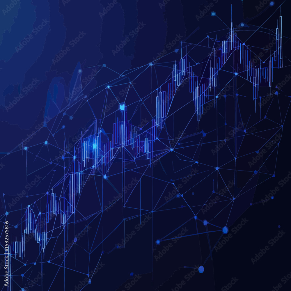 Poster abstract blue digital candlestick stock market graph with network polygonal connections on dark back