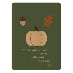 Postcard with pumpkin and acorn and text.
