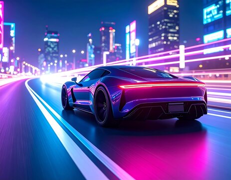 Futuristic car on a vibrant city street at night