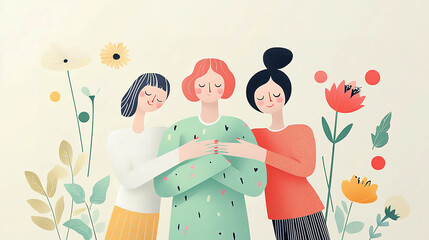 Tree women, friends or sisters have a group hug, Flat simple illustration 