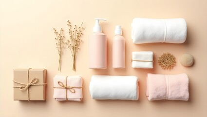 Obraz premium Elegant spa product flat lay, with some enhancements to make it even more captivating and luxurious
