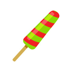 Colorful striped ice pop on wooden stick served in a sunny outdoor setting during summer
