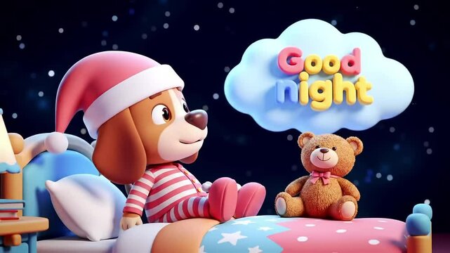 Cartoon dog in pajamas saying good night with teddy bear in bed  