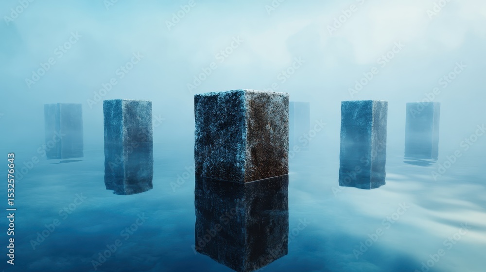 Poster an intriguing scene featuring cubic structures emerging from foggy water, evoking feelings of myster