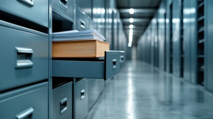 This detailed image illustrates organized drawers in a sleek storage facility, emphasizing order and functionality in a modern and efficient workspace environment.