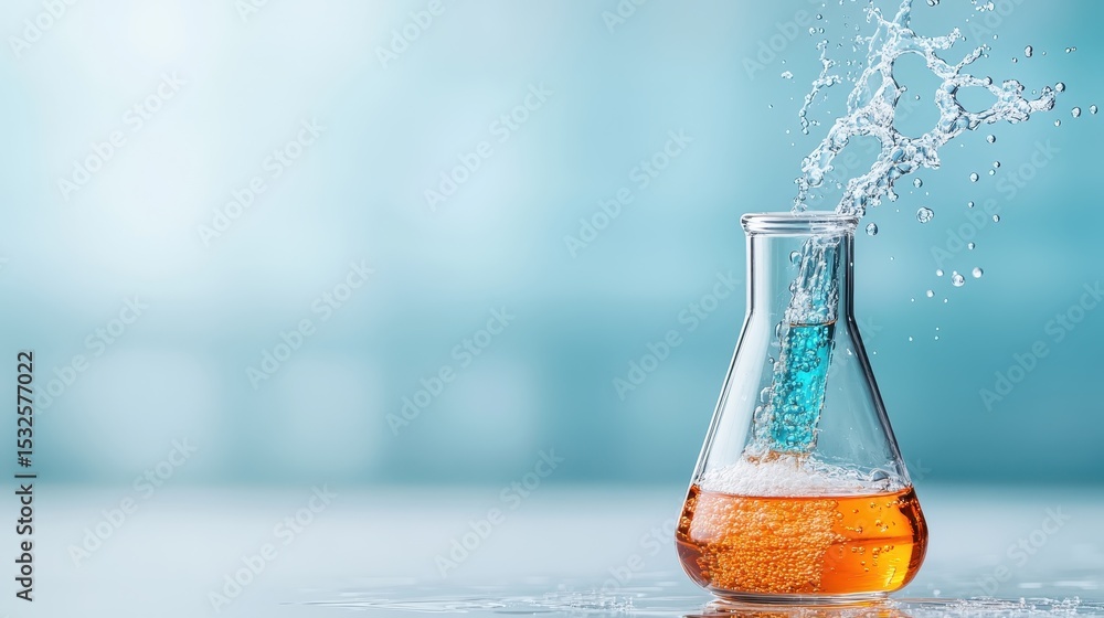 Poster an eye-catching image of a bubbling flask filled with vibrant liquid, creating dynamic splashes, sym