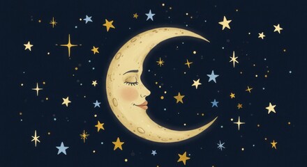 Naklejka premium Crescent moon with face, starry night