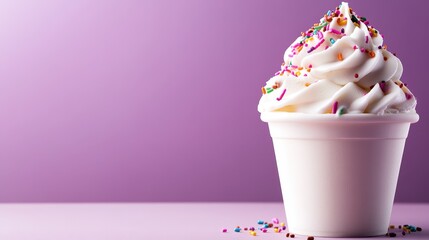 A mouth-watering soft serve ice cream topped with colorful sprinkles in a cup, showcasing a delightful treat that brings joy and nostalgia on a playful pastel background.