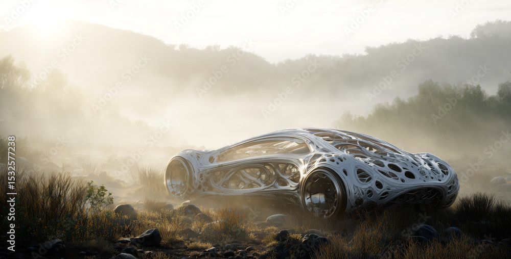 Poster a futuristic vehicle incorporates bioengineering principles and artificial biotissue, allowing for f