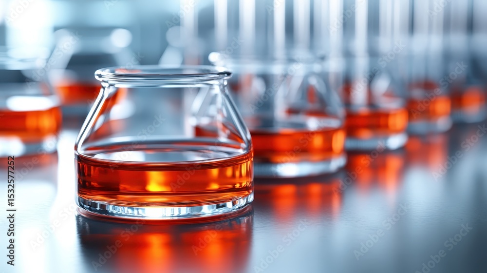 Poster bright red liquids contained in laboratory glassware create an engaging visual, symbolizing scientif