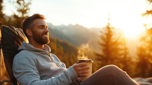 A relaxed man sits in the mountains, sipping coffee as the sun rises, embodying tranquility and the beauty of nature while enjoying a peaceful moment outdoors.
