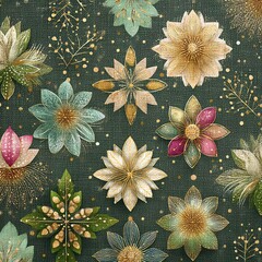 Colorful floral patterns on a dark background.