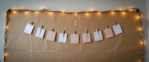 DIY-style kraft paper wall with birthday bunting, polaroid clips, and fairy light strings glowing across the top.