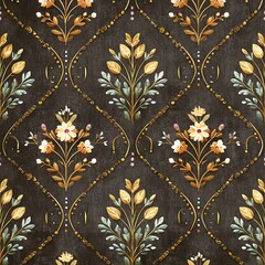Elegant floral pattern on dark fabric background.