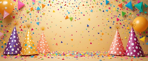 Bright birthday background with colorful triangle streamers, bold polka dot party hats, and rainbow confetti burst.