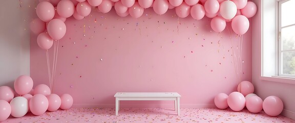 Matte pink birthday photo booth wall with bubble balloons, 3D confetti elements, and minimal white bench prop.