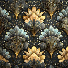Elegant floral pattern with gold and blue hues.
