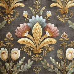 Intricate floral pattern on dark fabric background.