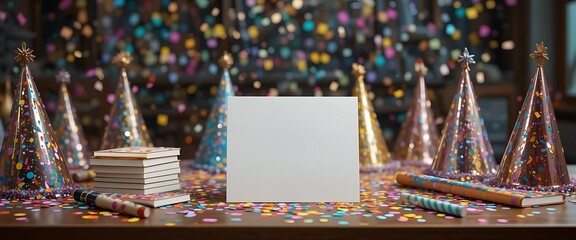 Old-school birthday scene with foil hats, bright confetti rain, birthday card stack, and noisemakers on a wood table.
