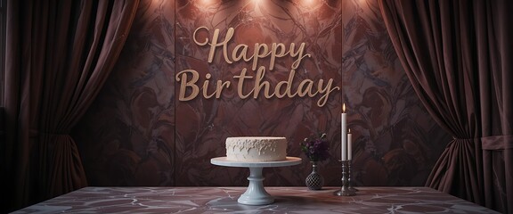 Editorial high-fashion birthday backdrop with velvet textures, marble cake stand, and soft spotlight glows.