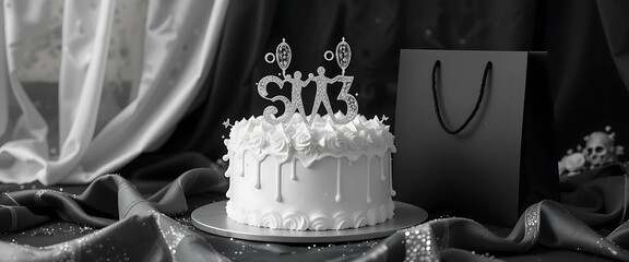 Monochrome luxury birthday scene in black and white with satin cloth folds, crystal cake toppers, and minimal gift bag.