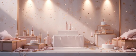Designer birthday layout with golden-edged boxes, soft gradient lighting, and space for luxury product placement.