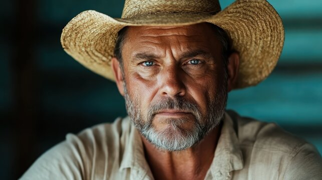 A close-up portrait of a mature man in a straw hat, exhibiting a profound and intense gaze, highlighting the wisdom and depth of human experience captured in his expression.