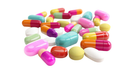 Pile of colorful pills and capsules on transparent background
