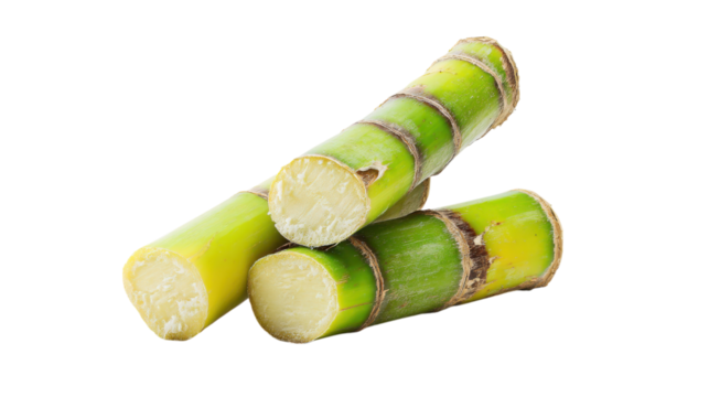 Fresh sugarcane stalks stacked together on transparent background