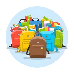 A collection of school backpacks are piled on top of each other