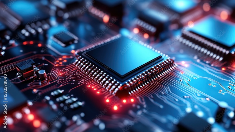 Poster an intricate close-up of a high-tech circuit board featuring glowing red lights and complex circuitr