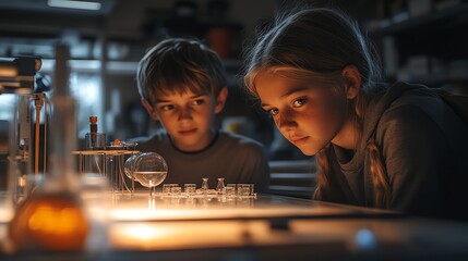 Two children observing experiments in a science lab.