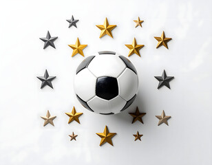 Soccer ball winning golden stars on white background