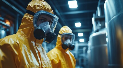 Protective workers in yellow suits and masks in an industrial setting.