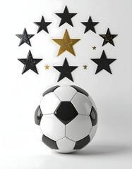 Soccer ball stands below circle of black and gold stars representing rating system