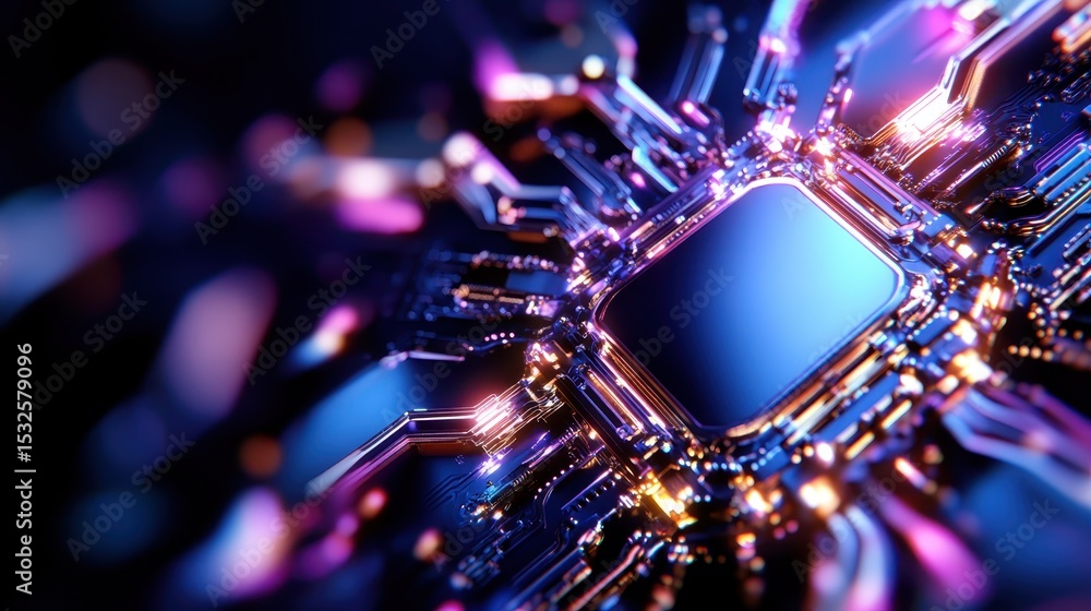 Poster an intricate close-up of a futuristic circuit board featuring vibrant lights and intricate pathways,