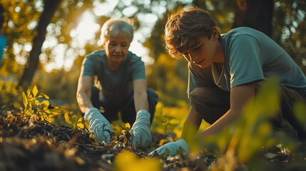 Two people gardening in a sunlit forest setting.