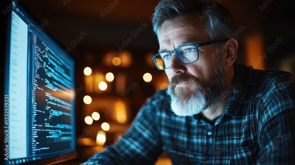 Poster a thoughtful man intensely focuses on coding at his computer during the night, representing dedicati