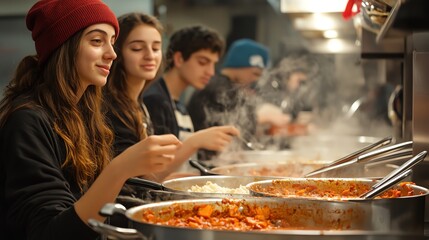 Volunteers preparing food at a community kitchen event.