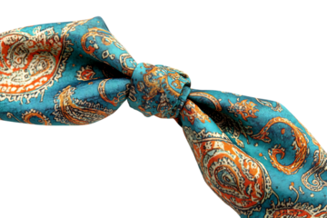 A teal and orange paisley patterned headband, tied in a bow, isolated on transparent background