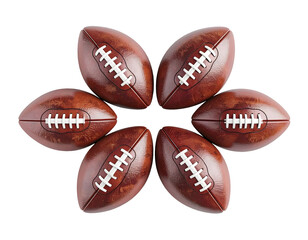 Six american football balls forming a circle on transparent background