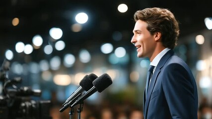 In a sleek conference setting, a man in a dark business suit commands the stage, microphones angled toward him, cameras rolling, while a press audience blurs into the background ha