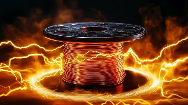 Copper wire spool surrounded by fiery energy, electricity concept