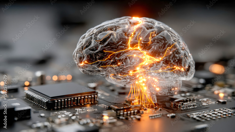 Poster a transparent digital brain emits glowing neural signals while interfaced with a high-tech circuit b