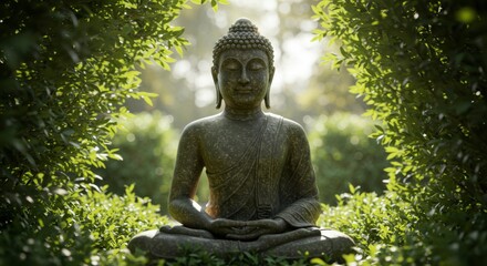 A serene Buddha statue sits peacefully amidst vibrant green foliage, bathed in sunlight, creating a tranquil scene