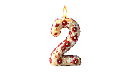 Number Two Birthday Candle with Flowers on Transparent Background