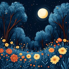 Whimsical 2D Vector Flat Design of an Enchanting Night Forest with Sketched Floral Elements and Tree Silhouettes for Children's Books